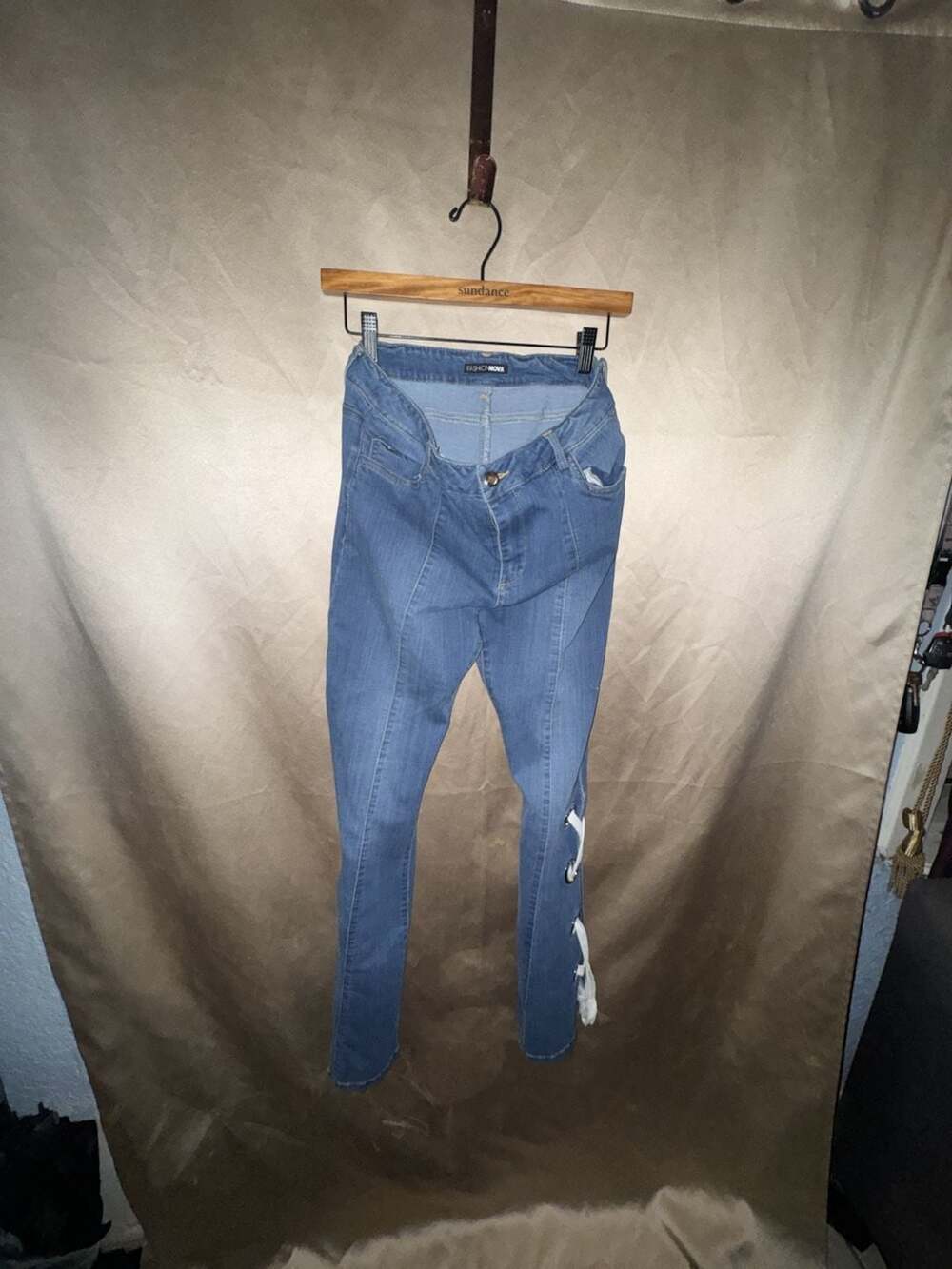 Fashion Nova Stepping Up Split Hem Skinny Jeans with Grommet Lacing